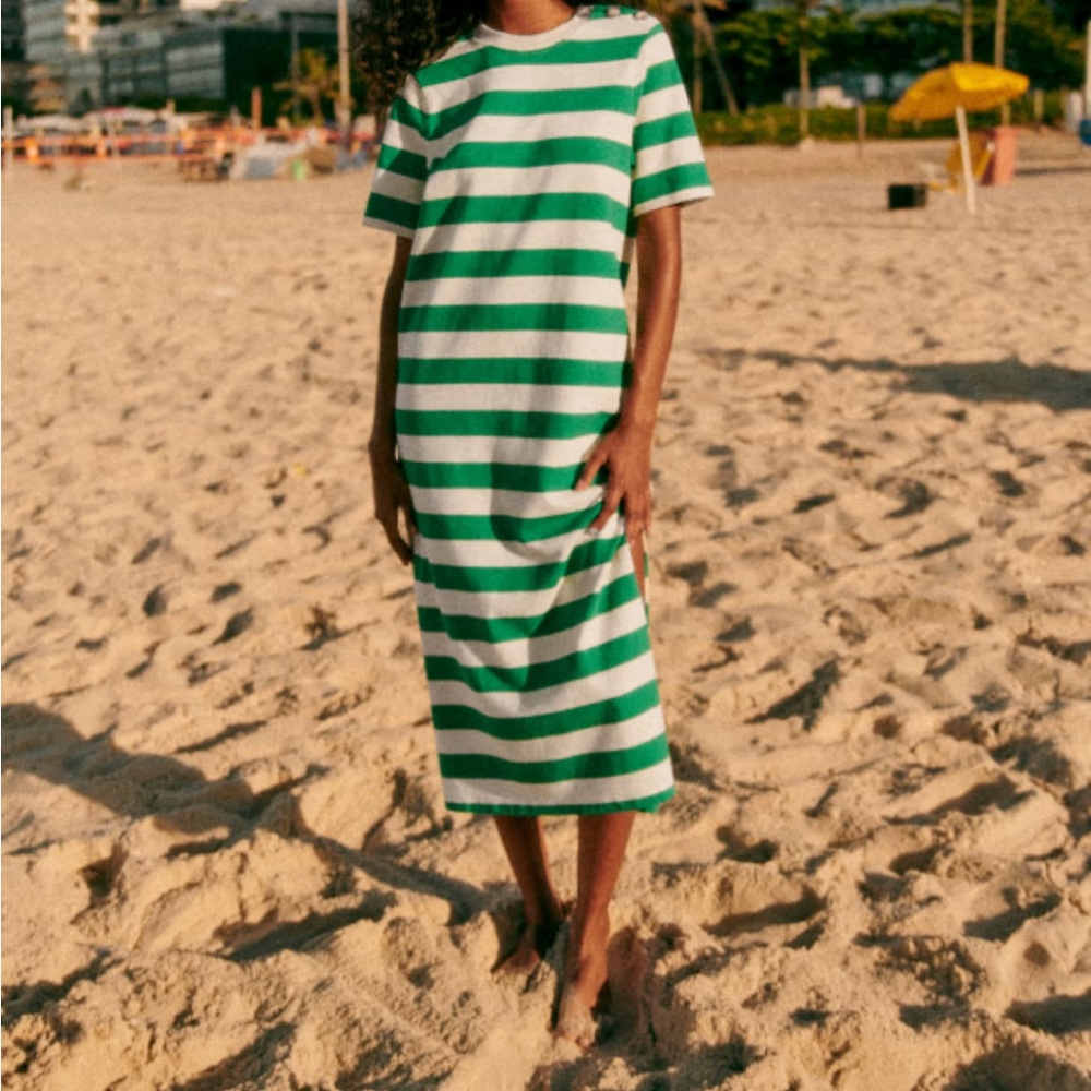 Sezane Emy Dress Green and Cream Striped Dress